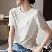 【初色】圓領素色植物刺繡休閒寬鬆短袖T恤上衣-白色-34555(M-2XL可選) M 白色