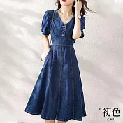 【初色】V領牛仔短袖連衣裙收腰A字連身洋裝長洋裝-藍色-34585(M-2XL可選) L 藍色