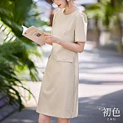 【初色】小香風圓領連衣裙珍珠裝飾短袖連身洋裝長洋裝-杏色-34589(M-2XL可選) XL 杏色