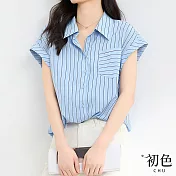 【初色】寬鬆翻領拼色條紋短袖襯衫上衣女上衣-藍色-34590(M-2XL可選) L 藍色