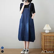 【ACheter】 砂洗銅扣牛仔百搭時尚寬鬆顯瘦長裙減齡吊帶背心裙 # 116714 M 藍色