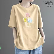 【初色】簡約素色三朵花印花圓領寬鬆短袖T恤上衣女上衣-共7色-33560(M-4XL可選) 4XL 黃色