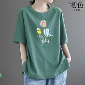 【初色】簡約素色三朵花印花圓領寬鬆短袖T恤上衣女上衣-共7色-33560(M-4XL可選) 4XL 綠色