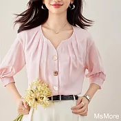 【MsMore】 法式襯衫時尚設計感小V領七分袖別致絕美短版上衣# 121955 L 粉紅色