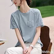 【MsMore】 藍色蕾絲拼接設計短袖圓領時尚優雅減齡插肩袖顯瘦短版上衣# 121960 L 藍色