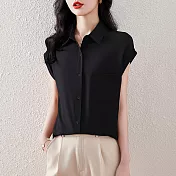 【MsMore】 法式短袖襯衫小蓋袖氣質垂順簡約短版上衣# 122010 2XL 黑色