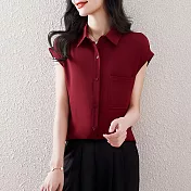 【MsMore】 法式短袖襯衫小蓋袖氣質垂順簡約短版上衣# 122010 3XL 酒紅色