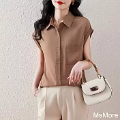 【MsMore】 法式短袖襯衫小蓋袖氣質垂順簡約短版上衣# 122010 2XL 咖色