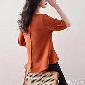 【MsMore】 文藝復古上衣薄款寬鬆麻感中袖圓領減齡氣質衫短版# 122012 XL 橘色