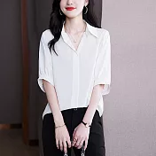 【MsMore】 襯衫短袖韓版寬鬆大碼V領顯瘦薄款中長上衣# 122014 3XL 白色