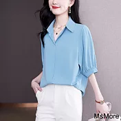 【MsMore】 襯衫短袖韓版寬鬆大碼V領顯瘦薄款中長上衣# 122014 L 藍色