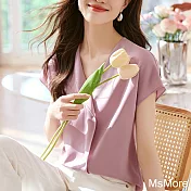 【MsMore】 時髦氣質不對稱翻領襯衫式寬鬆顯瘦V領短袖短版上衣# 122049 M 藕粉色