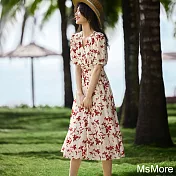 【MsMore】 法式V領短袖茶歇優雅氣質收腰顯瘦碎花連身裙長版洋裝# 122050 M 紅色