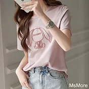 【MsMore】 短袖T恤洋氣刺繡韓版寬鬆薄款圓領甜美短版上衣# 122059 3XL 粉紅色