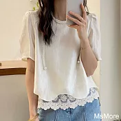 【MsMore】 蕾絲拼接泡泡短袖圓領時尚洋氣寬鬆短版上衣# 122064 2XL 白色