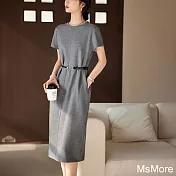 【MsMore】 深灰色圓領短袖連身裙腰帶收腰顯瘦簡約氣質長版洋裝# 122079 L 深灰色