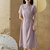 【MsMore】 花枝浮夢短袖溫婉國風新中式立領緹花洋裝長版洋裝# 122096 L 紫色