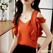 【MsMore】 淑女V領背心橘紅荷葉設計無袖雪紡短版上衣# 122114 M 橘紅色
