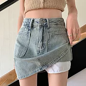 【MsMore】 懷舊洗水牛仔短裙高腰顯瘦遮胯遮肚安全內裡A字包臀半身裙# 122128 2XL 藍色