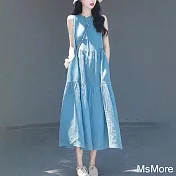 【MsMore】 韓版時尚寬鬆無袖系帶氣質無袖薄款大碼連身裙背心長版洋裝# 122148 3XL 藍色