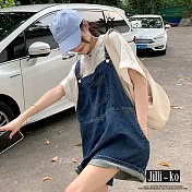 【Jilli~ko】中大尺碼時尚減齡設計感牛仔背帶五分短褲 J11807  FREE 藍色