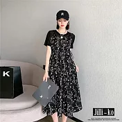 【Jilli~ko】假兩件設計感碎花拼接圓領短袖連衣裙 J11832  FREE 黑色