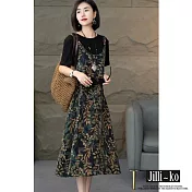 【Jilli~ko】假兩件設計感碎花拼接圓領短袖連衣裙 J11831  FREE 黑色