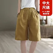 【慢。生活】中大尺碼棉麻高腰休閒寬鬆五分短褲 5899 FREE 黃色