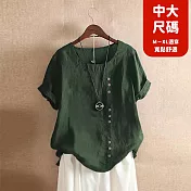 【慢。生活】中大尺碼棉麻文藝復古圓領短袖襯衫 36649  FREE 深綠