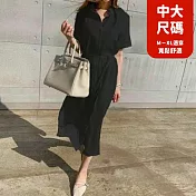 【慢。生活】中大尺碼棉麻繫帶襯衫領排扣連衣裙 13728  FREE 黑色
