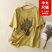 【慢。生活】中大尺碼棉麻文藝復古印花圓領短袖上衣 5809 FREE 黃色