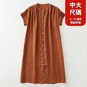 【慢。生活】中大尺碼棉麻打褶寬鬆舒適A字排扣連衣裙 51013  FREE 橘色