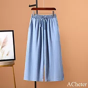 【ACheter】 竹節紋直筒褲七分褲天絲感牛仔抽繩闊腿褲女薄款高腰# 121802 M 藍色