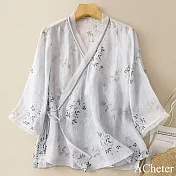 【ACheter】 日系V領印花復古民族風棉麻感短版短袖上衣# 121889 M 白色