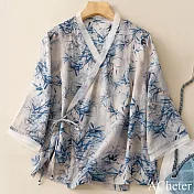 【ACheter】 日系V領蘭竹印花復古民族風棉麻感短袖短版上衣# 121890 M 藍色
