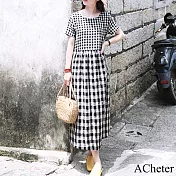 【ACheter】 旅行格子文藝色織圓領短袖亞麻感連身裙長版洋裝# 121930 M 條紋色