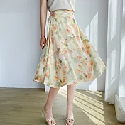 【ACheter】 法式浪漫印花半身裙絲質垂感氣質高腰長裙# 121935 M 杏色