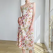 【ACheter】 無袖吊帶裙連身裙海邊出遊渡假碎花長版洋裝# 121936 M 粉紅色