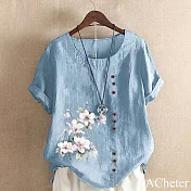【ACheter】 大碼棉麻感印花上衣寬鬆圓領短袖國畫風中長版# 121944 L 藍色