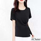 【ACheter】 冰絲簡約圓領短袖法式浪漫純色短版上衣# 122007 L 黑色
