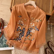 【ACheter】 高檔棉麻感上衣刺繡新中式國風拼接包扣襯衫七分袖短版# 122122 M 橘紅色
