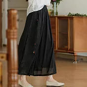 【ACheter】 鬆緊高腰國風側邊長帶子刺繡雙層開叉闊腿褲七八分裙褲# 122123 3XL 黑色