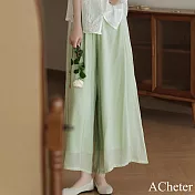 【ACheter】 鬆緊高腰國風側邊長帶子刺繡雙層開叉闊腿褲七八分裙褲# 122123 3XL 綠色