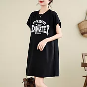 【ACheter】 大碼圓領寬鬆印花T恤短袖設計感收腰顯瘦連身裙短版洋裝# 122144 M 黑色