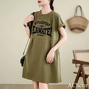 【ACheter】 大碼圓領寬鬆印花T恤短袖設計感收腰顯瘦連身裙短版洋裝# 122144 M 軍綠色