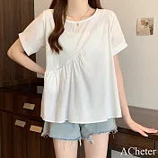 【ACheter】 日本外單日系東大門棉麻感上衣寬鬆大碼圓領短袖短版# 122145 M 白色