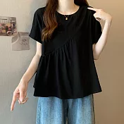 【ACheter】 日本外單日系東大門棉麻感上衣寬鬆大碼圓領短袖短版# 122145 M 黑色