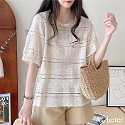 【ACheter】 大碼韓國chic圓領氣質花朵鏤空短袖蕾絲娃娃衫短版上衣# 122147 XL 杏色
