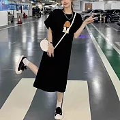【MsMore】 韓國短袖T恤寬鬆顯瘦過膝帽字母膠印休閒連身裙開叉圓領洋裝# 122161 M 黑色