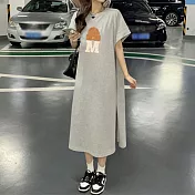 【MsMore】 韓國短袖T恤寬鬆顯瘦過膝帽字母膠印休閒連身裙開叉圓領洋裝# 122161 M 灰色